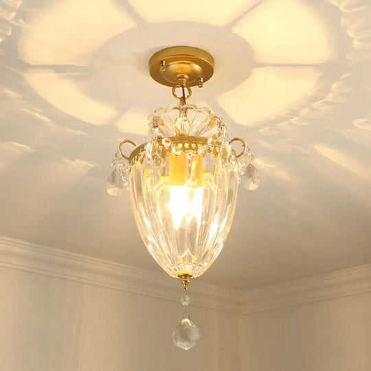 1 - Bulb Semi Flush Gold Ceiling Light With Traditional Ribbed Crystal Bell Design