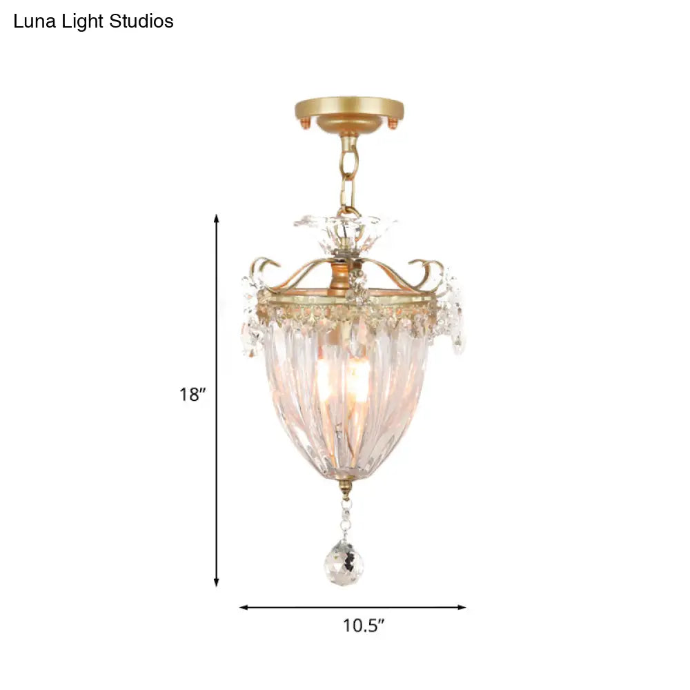 1 - Bulb Semi Flush Gold Ceiling Light With Traditional Ribbed Crystal Bell Design