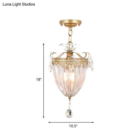 1-Bulb Semi Flush Gold Ceiling Light With Traditional Ribbed Crystal Bell Design
