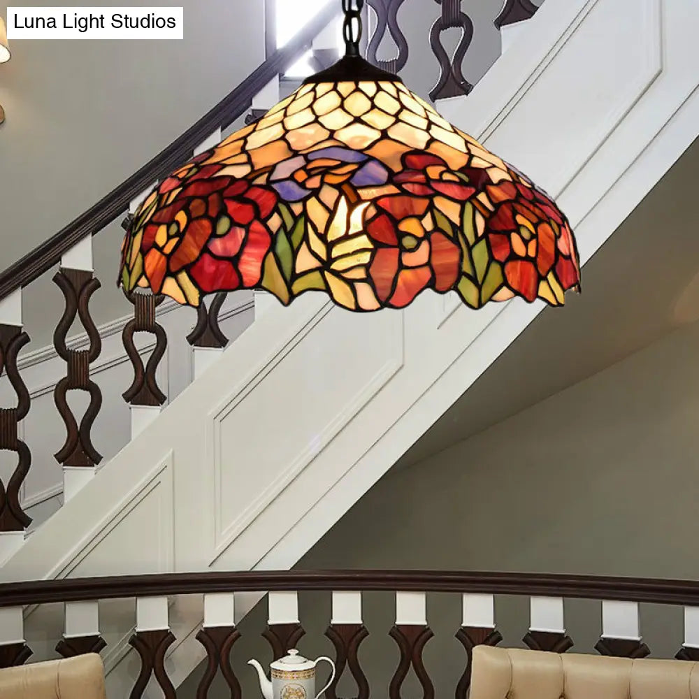 1-Bulb Tiffany-Style Wide Flare Pendant Light - Black Stained Art Glass Hanging Ceiling Lighting