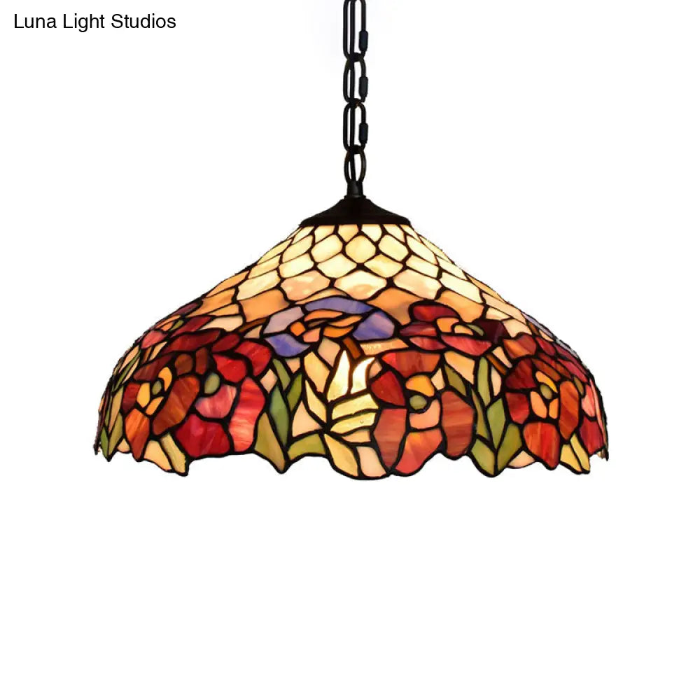 1-Bulb Tiffany-Style Wide Flare Pendant Light - Black Stained Art Glass Hanging Ceiling Lighting