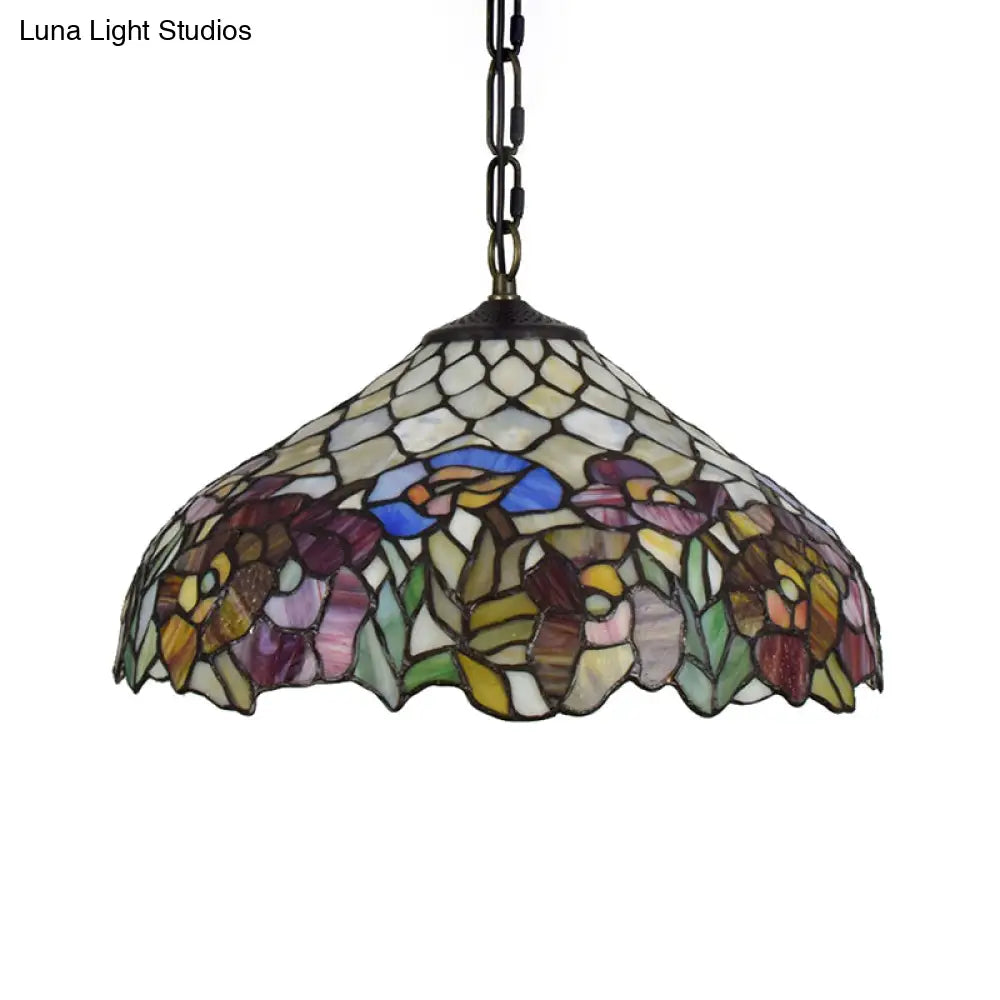 1-Bulb Tiffany-Style Wide Flare Pendant Light - Black Stained Art Glass Hanging Ceiling Lighting
