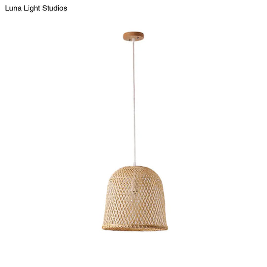 1-Head Asian Beige Bamboo Pendant Light With Bowl/Jar/Cloche Shade - Bistro Pendulum Design