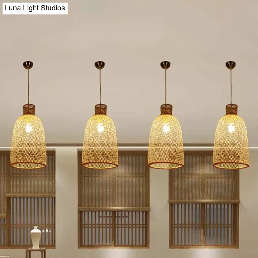 Asian Beige Bamboo Shade Pendant Light With Unique Pendulum Design / B