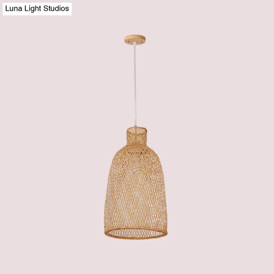 1-Head Asian Beige Bamboo Pendant Light With Bowl/Jar/Cloche Shade - Bistro Pendulum Design