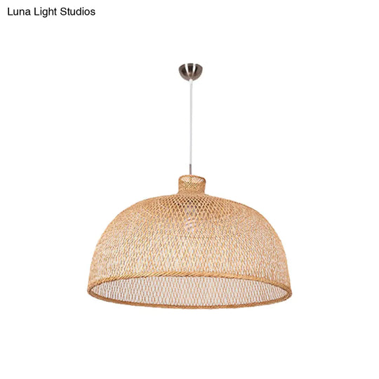 1-Head Asian Beige Bamboo Pendant Light With Bowl/Jar/Cloche Shade - Bistro Pendulum Design