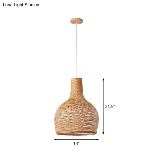 1-Head Asian Beige Bamboo Pendant Light With Bowl/Jar/Cloche Shade - Bistro Pendulum Design