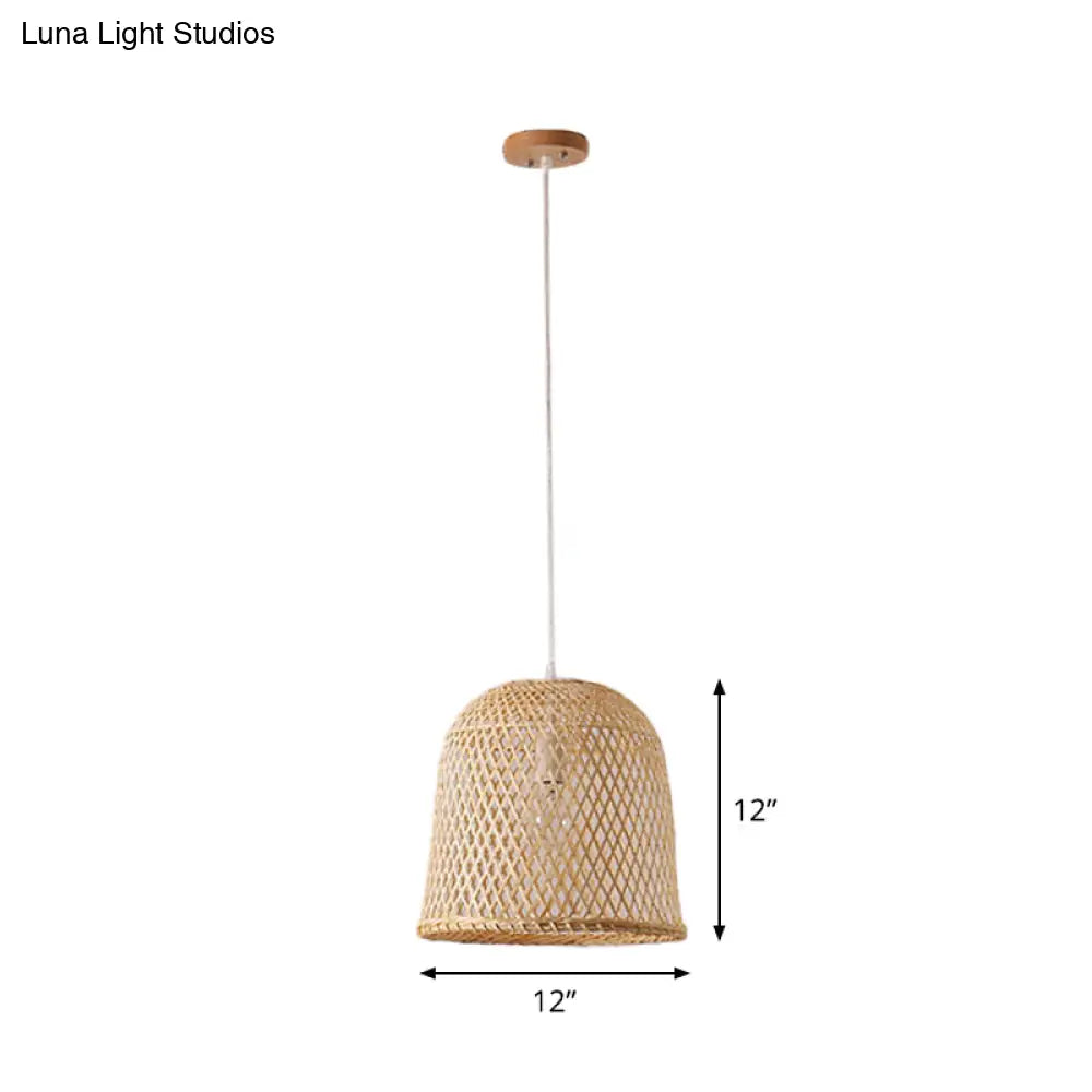 1-Head Asian Beige Bamboo Pendant Light With Bowl/Jar/Cloche Shade - Bistro Pendulum Design