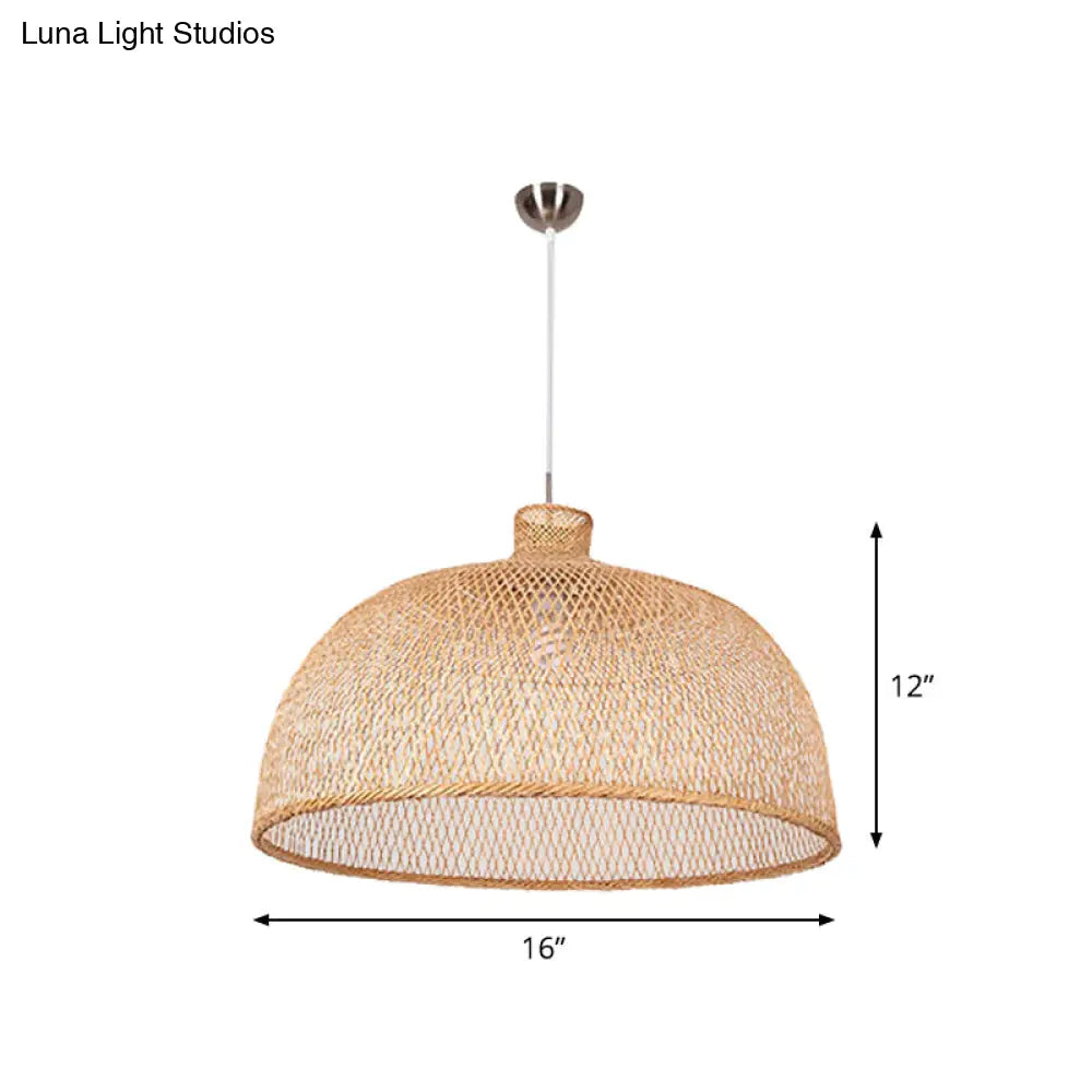 1-Head Asian Beige Bamboo Pendant Light With Bowl/Jar/Cloche Shade - Bistro Pendulum Design