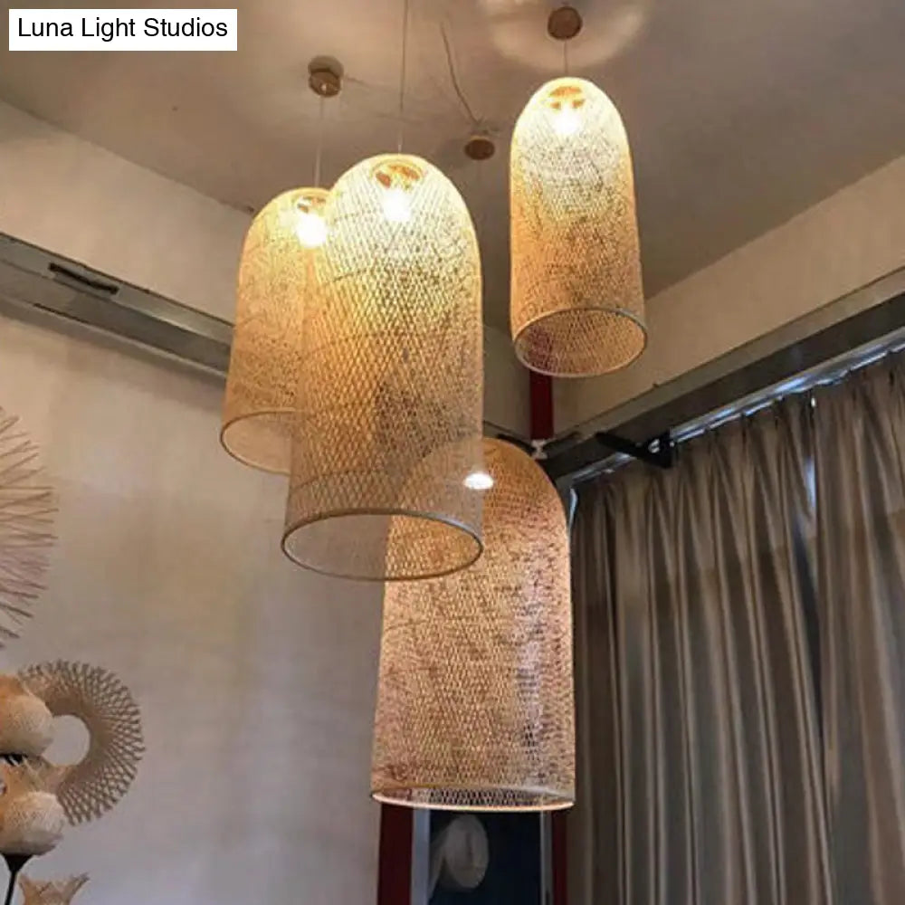 1-Head Asian Beige Bamboo Pendant Light With Bowl/Jar/Cloche Shade - Bistro Pendulum Design
