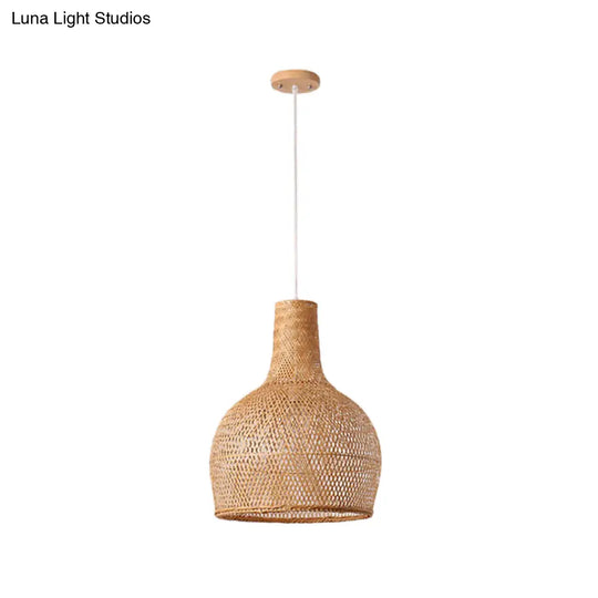 1-Head Asian Beige Bamboo Pendant Light With Bowl/Jar/Cloche Shade - Bistro Pendulum Design