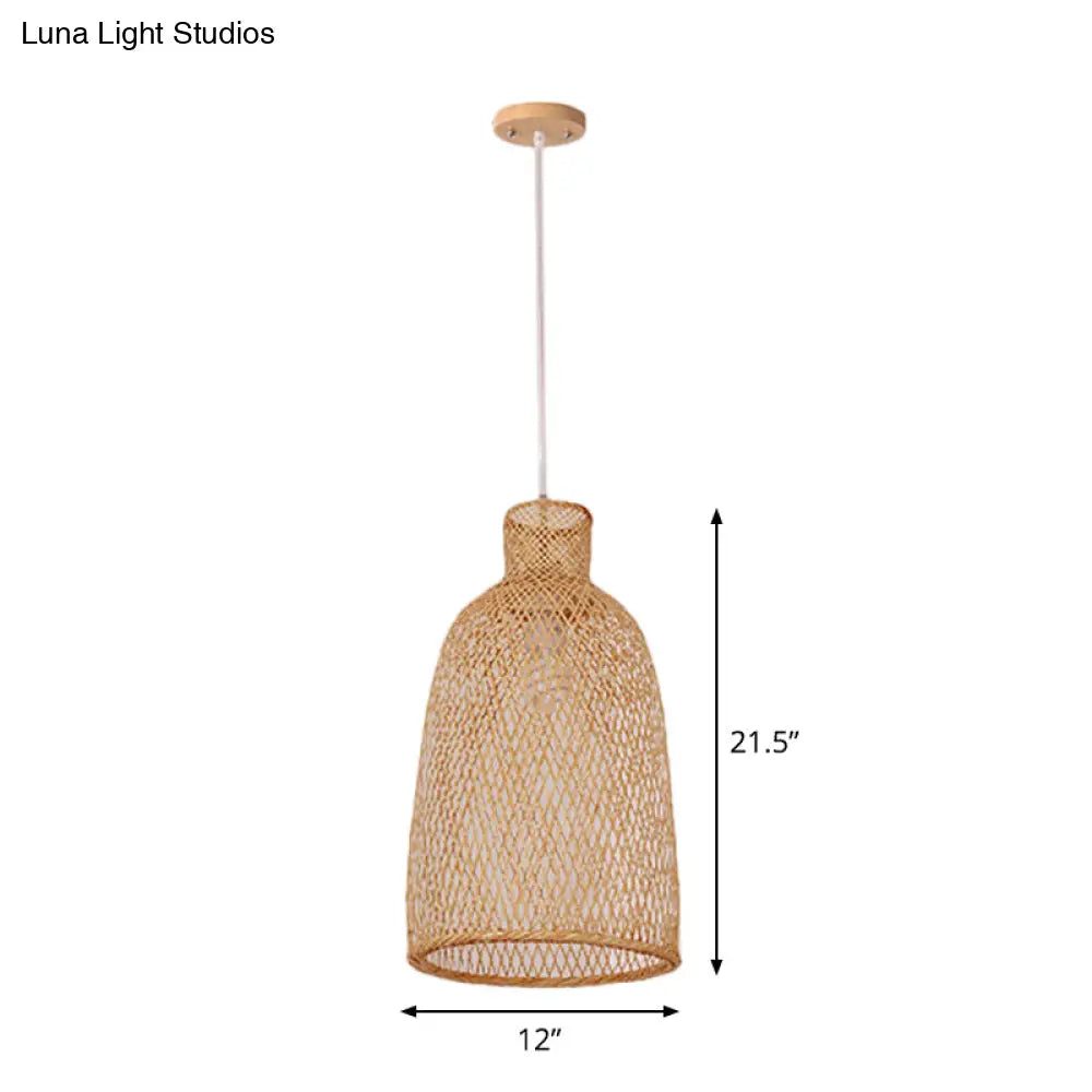 1-Head Asian Beige Bamboo Pendant Light With Bowl/Jar/Cloche Shade - Bistro Pendulum Design