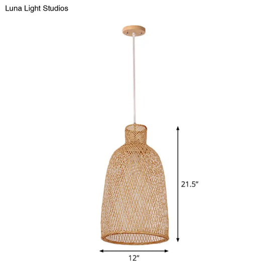 1-Head Asian Beige Bamboo Pendant Light With Bowl/Jar/Cloche Shade - Bistro Pendulum Design