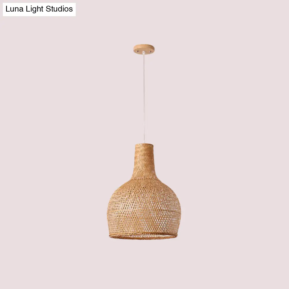 1-Head Asian Beige Bamboo Pendant Light With Bowl/Jar/Cloche Shade - Bistro Pendulum Design