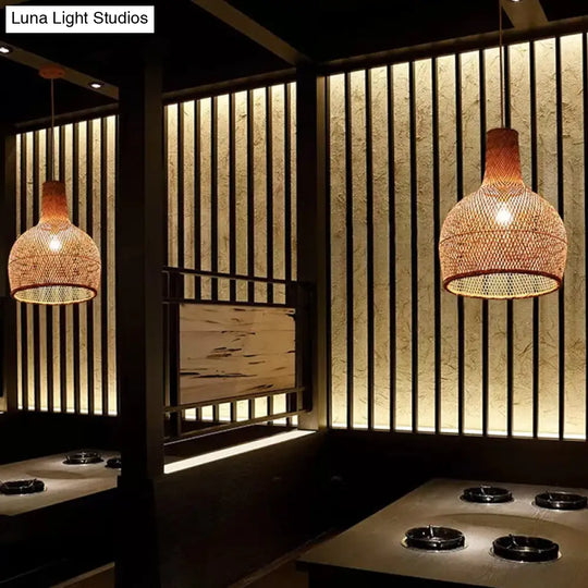 Asian Beige Bamboo Shade Pendant Light With Unique Pendulum Design / C