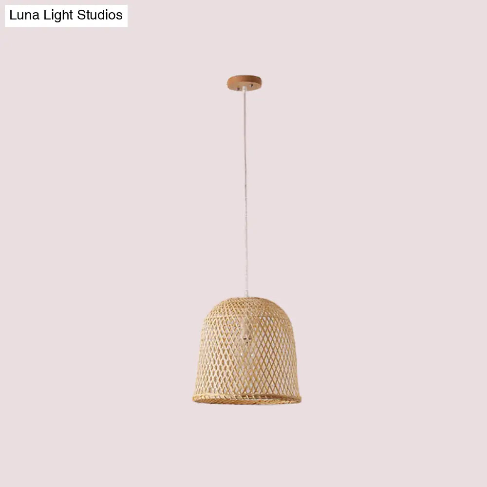 1-Head Asian Beige Bamboo Pendant Light With Bowl/Jar/Cloche Shade - Bistro Pendulum Design