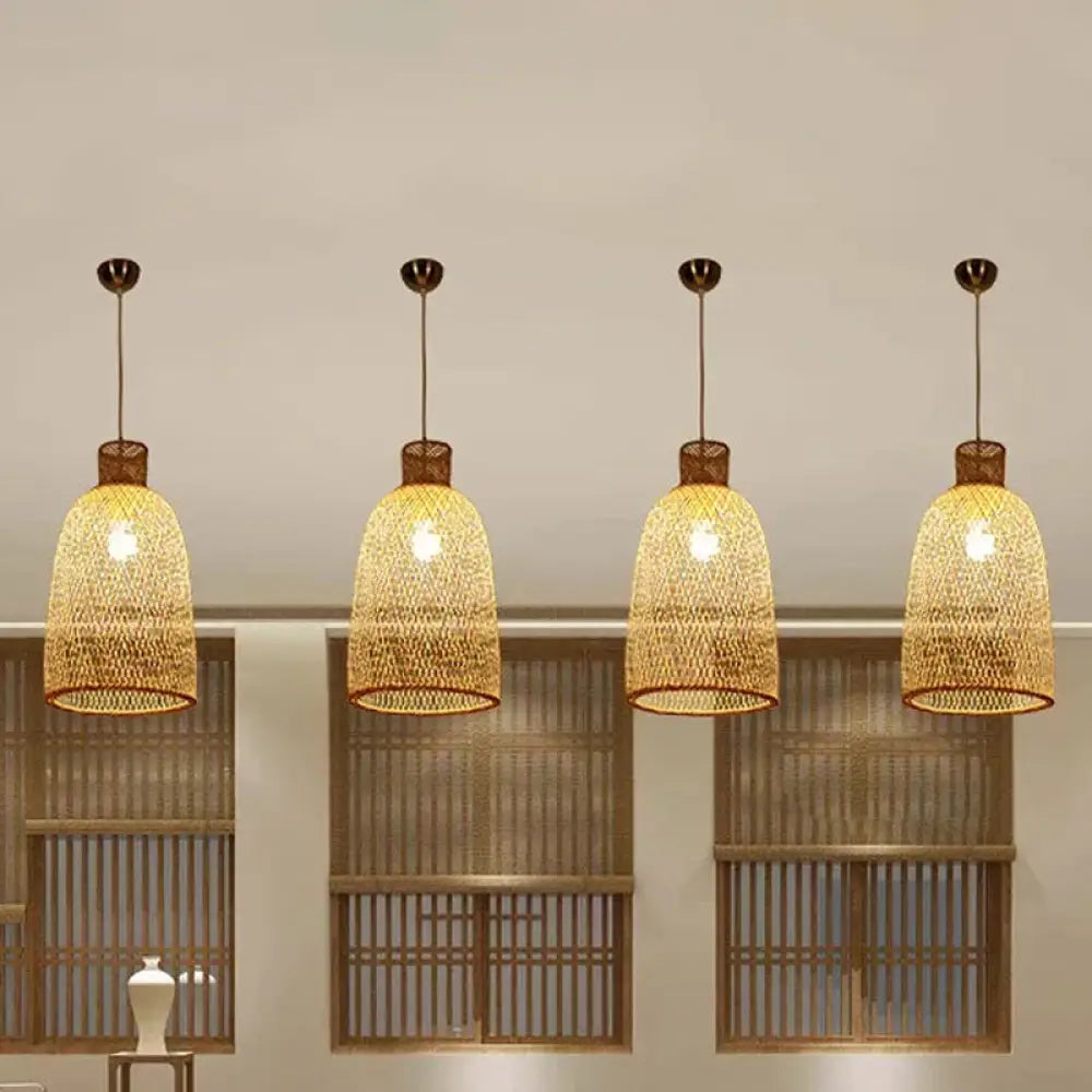 1-Head Asian Beige Bamboo Pendant Light With Bowl/Jar/Cloche Shade - Bistro Pendulum Design / B