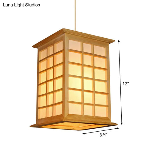 1-Head Asian Pendant Light - Beige House Suspended Fixture With Wood Shade