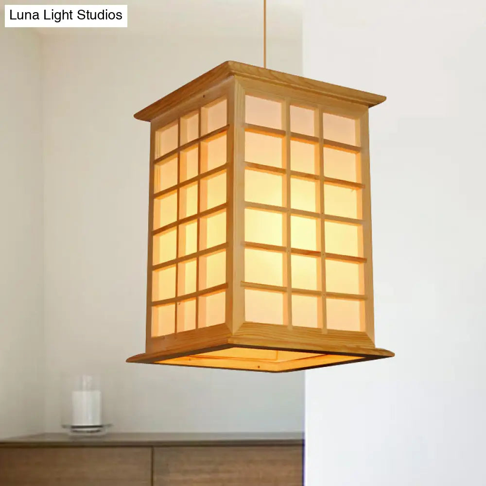 1-Head Asian Pendant Light - Beige House Suspended Fixture With Wood Shade