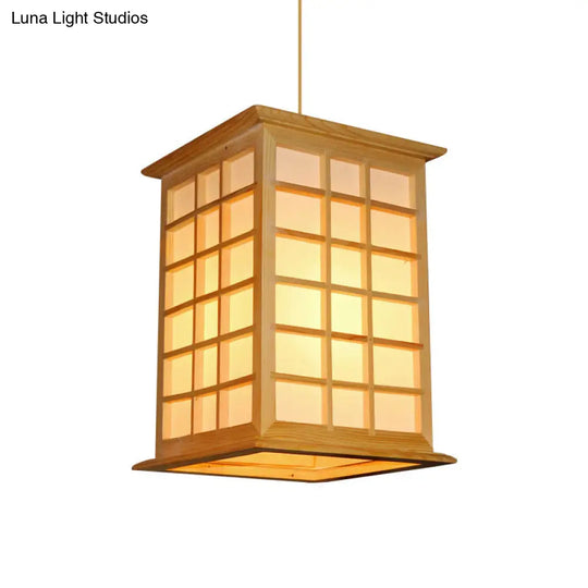 1-Head Asian Pendant Light - Beige House Suspended Fixture With Wood Shade