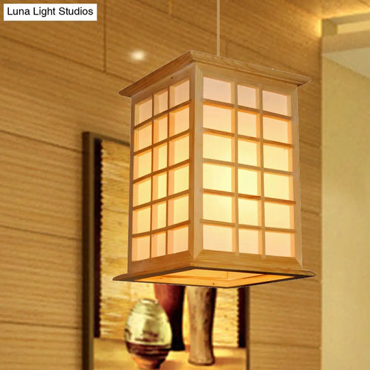 1-Head Asian Pendant Light - Beige House Suspended Fixture With Wood Shade