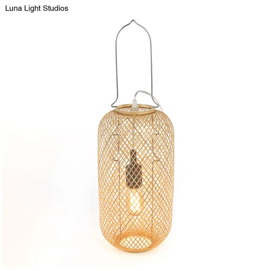 1-Head Asian-Style Flaxen Cylinder Cage Nightstand Lamp With Bamboo Rattan Shade