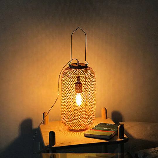 1-Head Asian-Style Flaxen Cylinder Cage Nightstand Lamp With Bamboo Rattan Shade