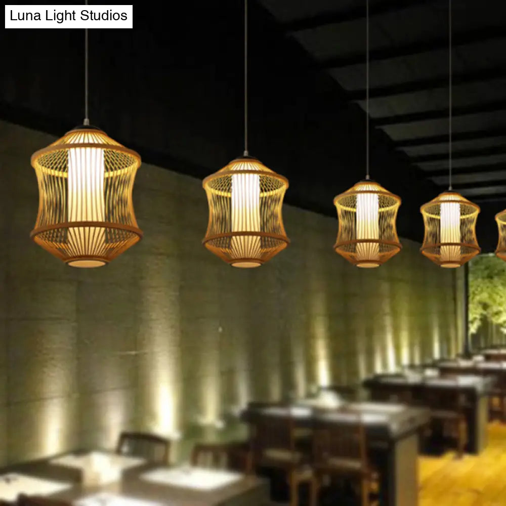 1 Head Asian Style Restaurant Hanging Light With Cylinder Bamboo Shade - Beige Ceiling Lamp