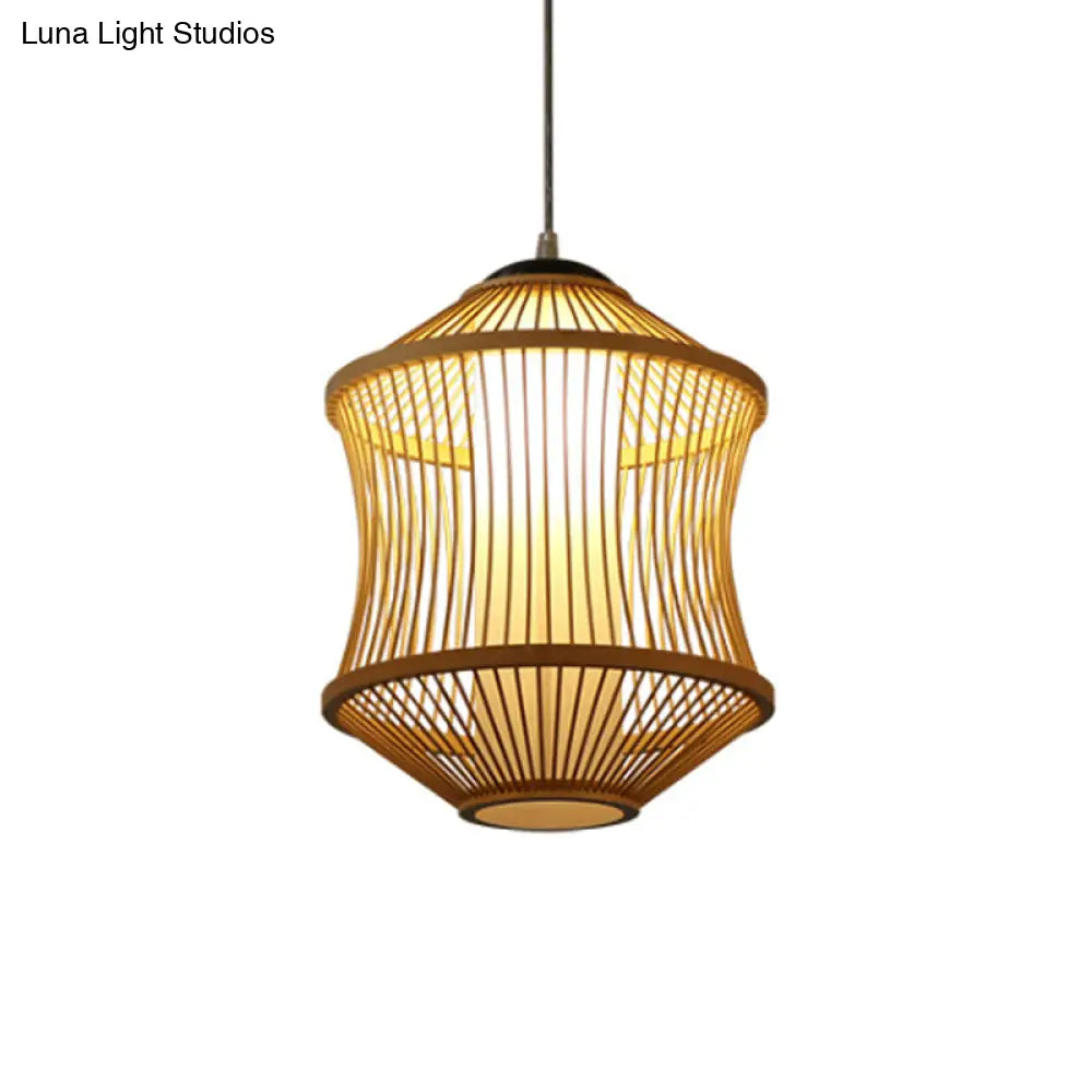 1 Head Asian Style Restaurant Hanging Light With Cylinder Bamboo Shade - Beige Ceiling Lamp