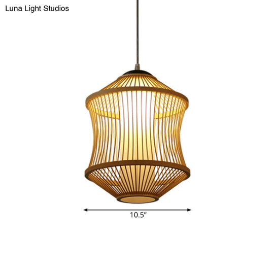 1 Head Asian Style Restaurant Hanging Light With Cylinder Bamboo Shade - Beige Ceiling Lamp