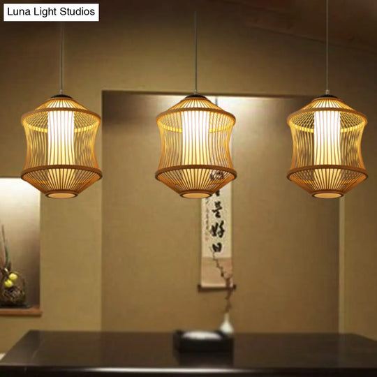 1 Head Asian Style Restaurant Hanging Light With Cylinder Bamboo Shade - Beige Ceiling Lamp