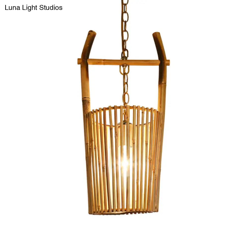 Restaurant Pendant Lighting With Bamboo Shade - Lodge Style Beige Ceiling Light Fixture