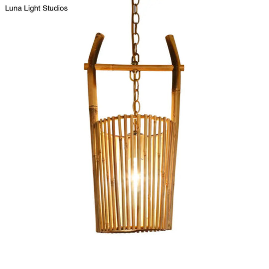 1-Head Bamboo Bucket Pendant Light: Stylish Beige Lodge Ceiling Fixture For Restaurants