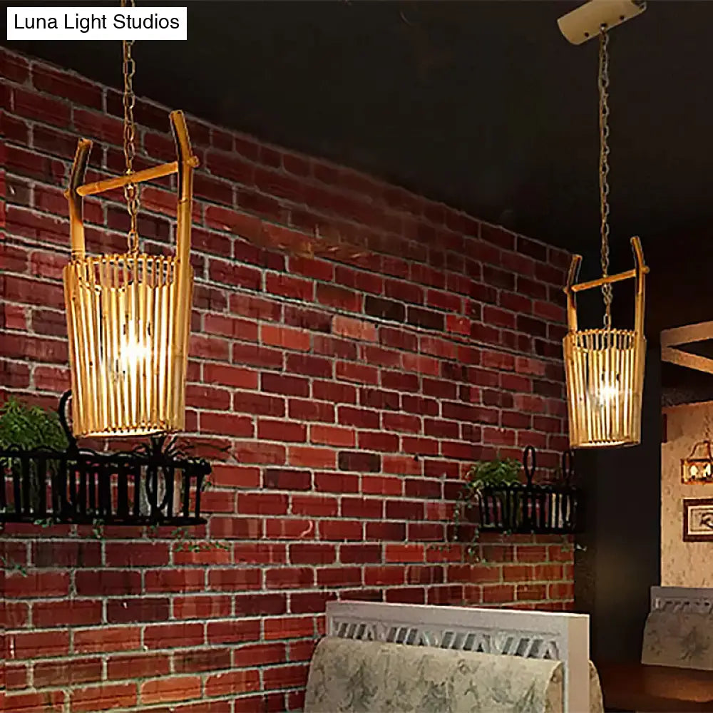 1-Head Bamboo Bucket Pendant Light: Stylish Beige Lodge Ceiling Fixture For Restaurants