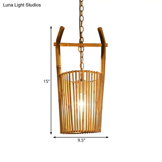 1-Head Bamboo Bucket Pendant Light: Stylish Beige Lodge Ceiling Fixture For Restaurants