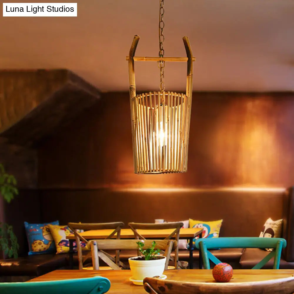 Restaurant Pendant Lighting With Bamboo Shade - Lodge Style Beige Ceiling Light Fixture