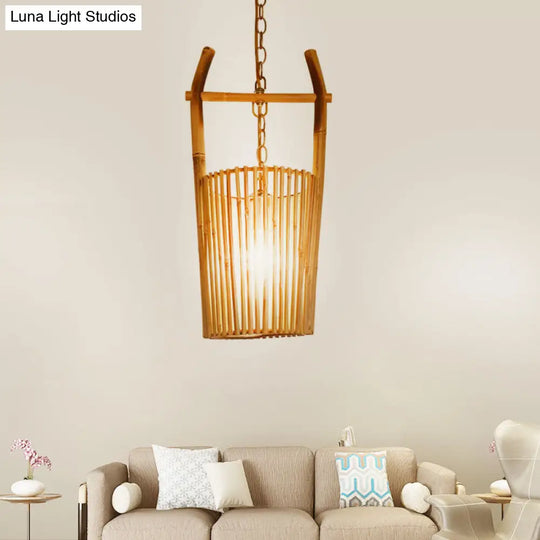 1-Head Bamboo Bucket Pendant Light: Stylish Beige Lodge Ceiling Fixture For Restaurants