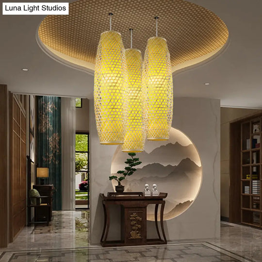 1-Head Bamboo Pendant Asian Ceiling Lamp - Hanging Suspension 2 Layers Beige