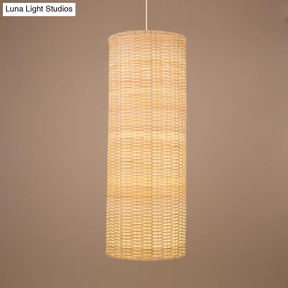 1-Head Bamboo Rattan Hanging Pendant Light - Minimalist Column Design In Beige For Living Room