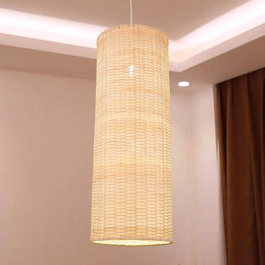 1-Head Bamboo Rattan Hanging Pendant Light - Minimalist Column Design In Beige For Living Room