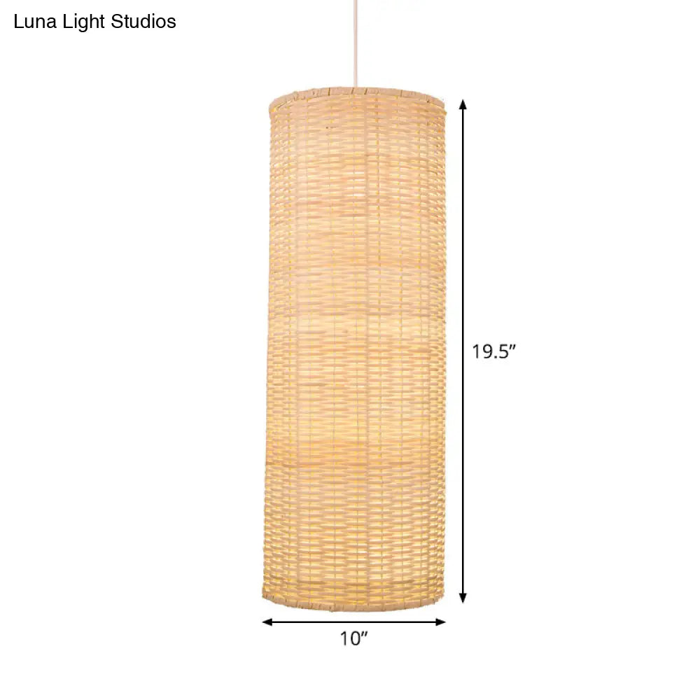 1-Head Bamboo Rattan Hanging Pendant Light - Minimalist Column Design In Beige For Living Room