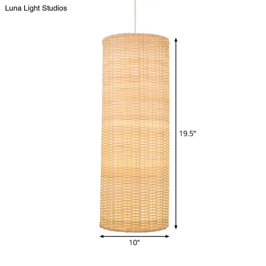 1-Head Bamboo Rattan Hanging Pendant Light - Minimalist Column Design In Beige For Living Room