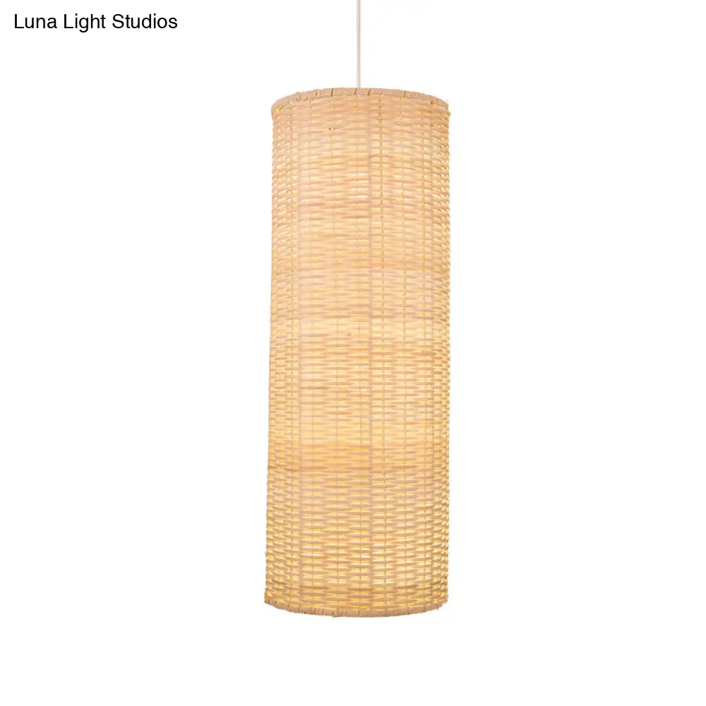 1-Head Bamboo Rattan Hanging Pendant Light - Minimalist Column Design In Beige For Living Room