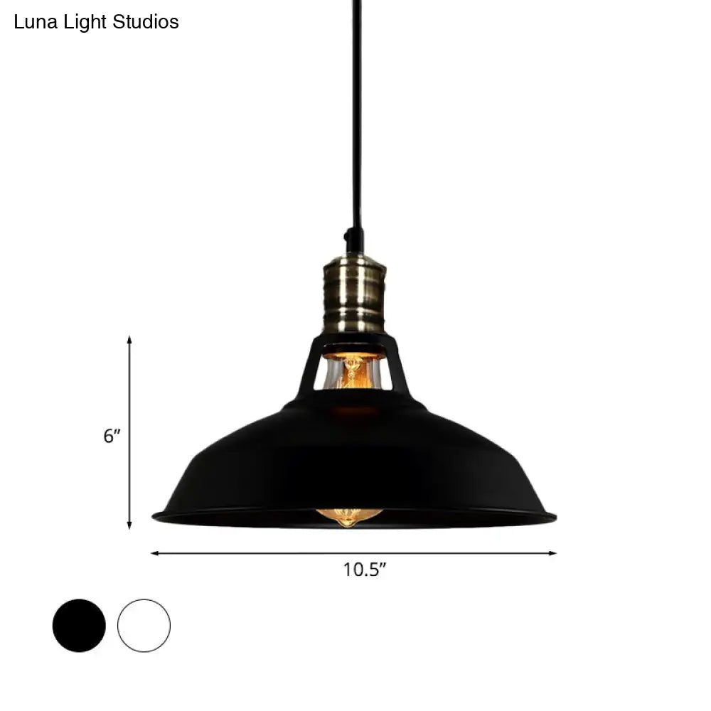 1-Head Barn Pendant Lighting - Industrial Black/White Metallic Suspension Light 10.5/12/15 Inch Dia