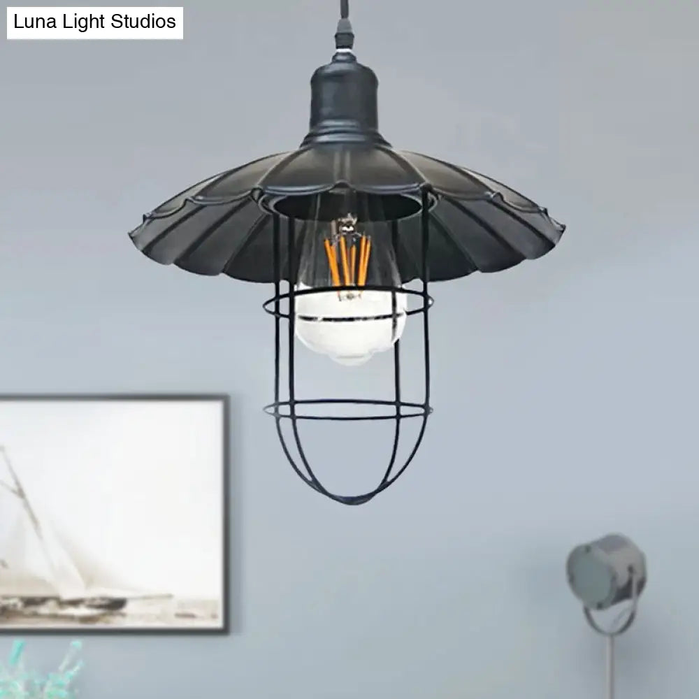 1 Head Black Metal Wire Guard Pendant Light With Nautical Scalloped Shade For Stylish Restaurant