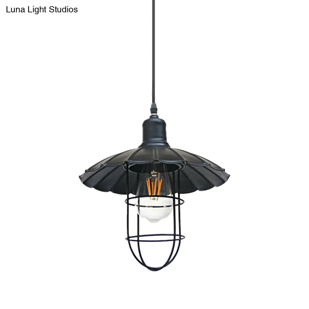 Nautical Style Metal Hanging Lamp With Scalloped Shade - 1 Head Restaurant Pendant Light In Black