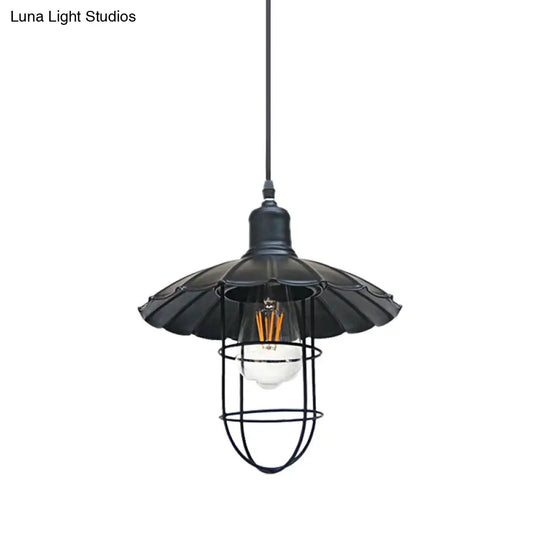 Nautical Style Metal Hanging Lamp With Scalloped Shade - 1 Head Restaurant Pendant Light In Black