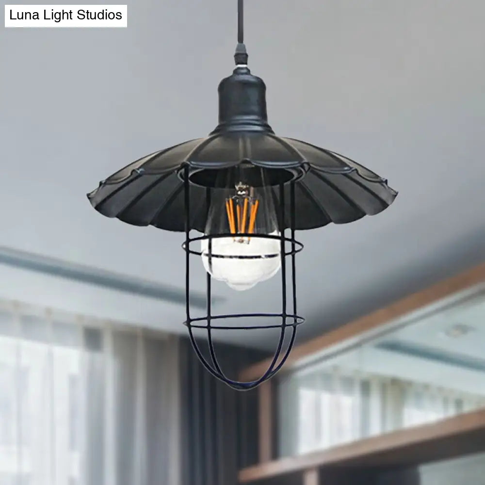 Nautical Style Metal Hanging Lamp With Scalloped Shade - 1 Head Restaurant Pendant Light In Black