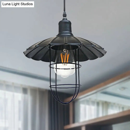 Nautical Style Metal Hanging Lamp With Scalloped Shade - 1 Head Restaurant Pendant Light In Black