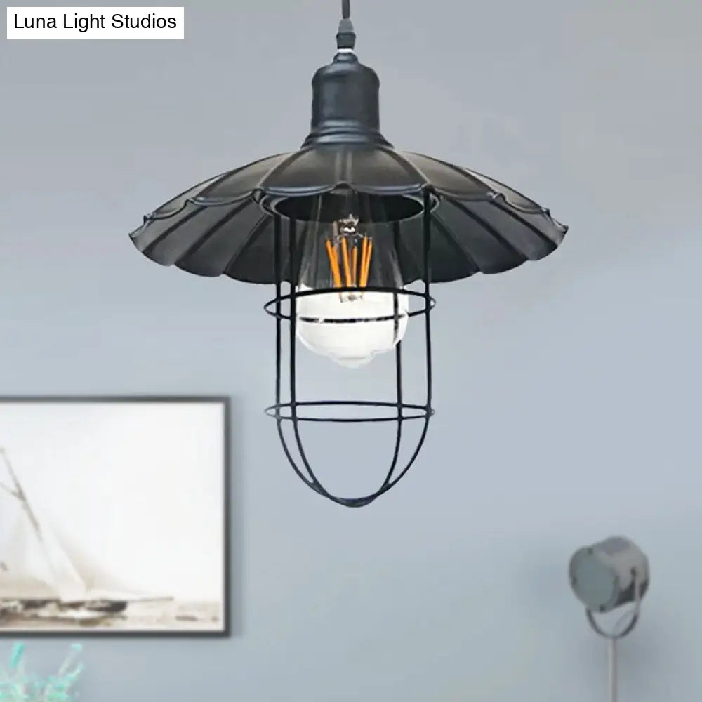 Nautical Style Metal Hanging Lamp With Scalloped Shade - 1 Head Restaurant Pendant Light In Black